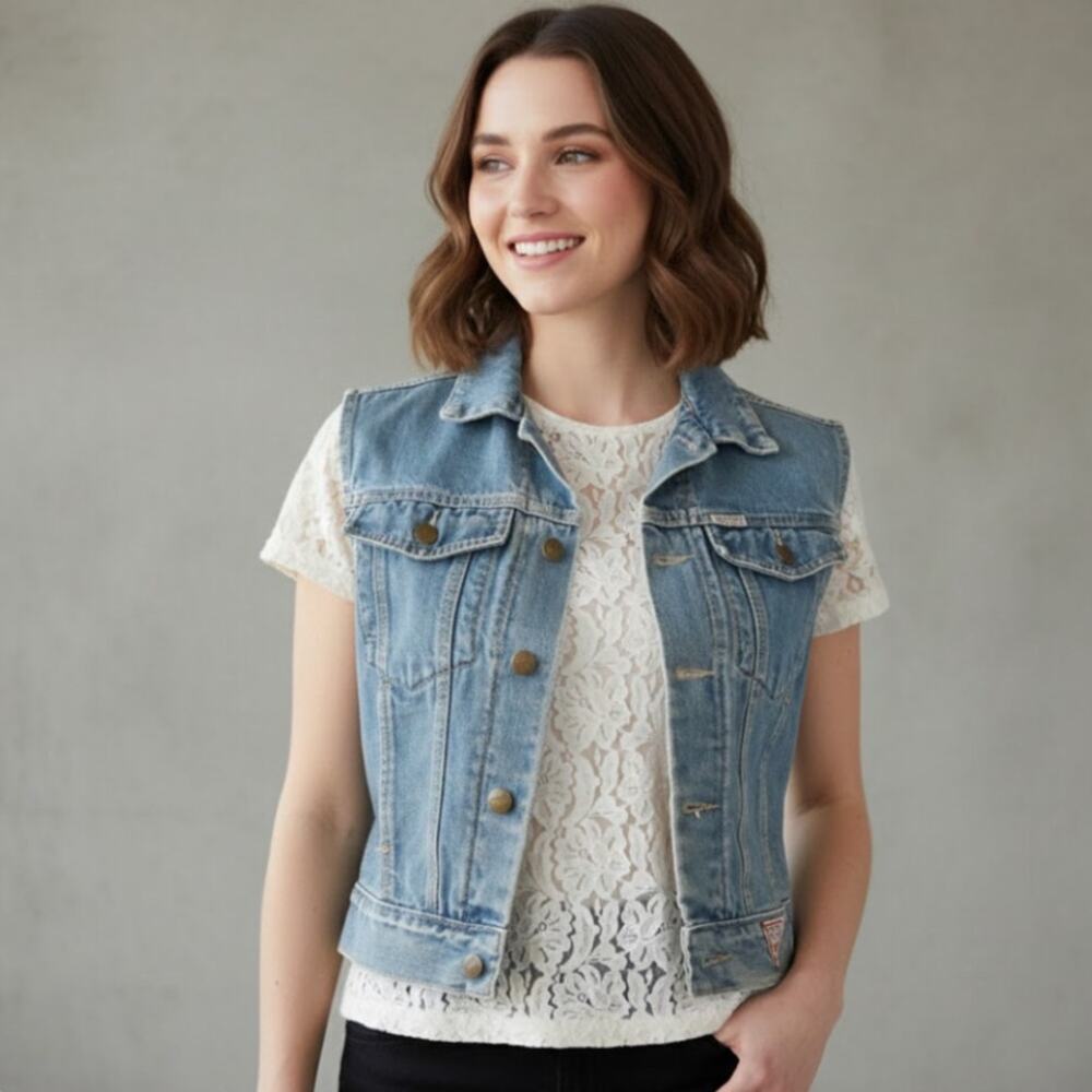 Vintage 80s Guess Gilet Denim Vest Mini Pocket Western Waistcoat Retro Blue Jean